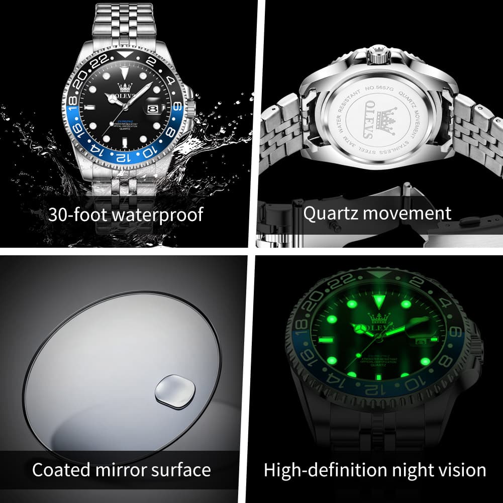 OLEVS 5657 Rotating Bezel Sports Watch Stainless Steel Jubilee Bracelet Quartz Timepiece for Men - All Black | Olevs Store