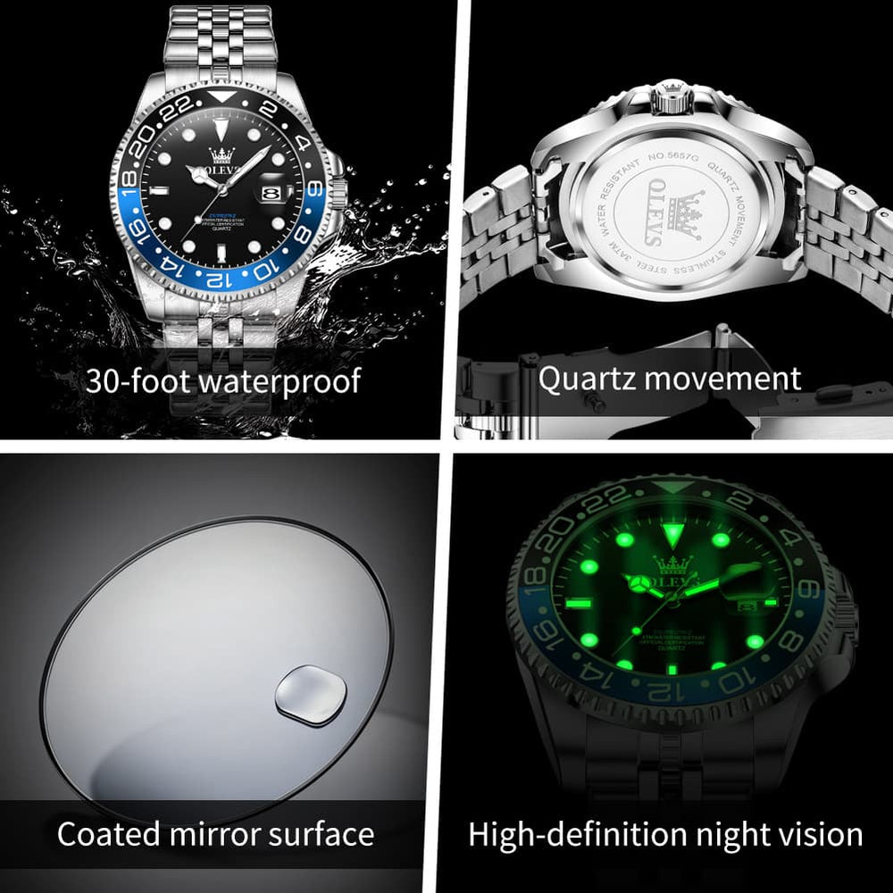 OLEVS 5657 Rotating Bezel Sports Watch Stainless Steel Jubilee Bracelet Quartz Timepiece for Men - All Black | Olevs Store