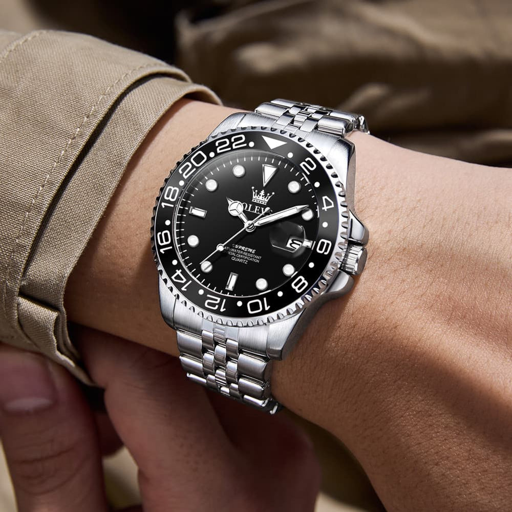 OLEVS 5657 Rotating Bezel Sports Watch Stainless Steel Jubilee Bracelet Quartz Timepiece for Men - All Black | Olevs Store
