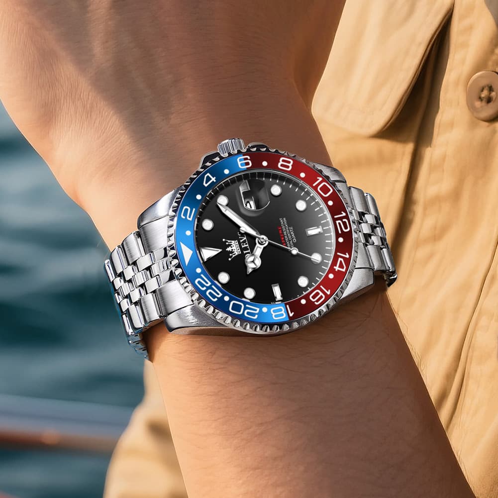 OLEVS 5657 Rotating Bezel Sports Watch Stainless Steel Jubilee Bracelet Quartz Timepiece for Men - All Black | Olevs Store
