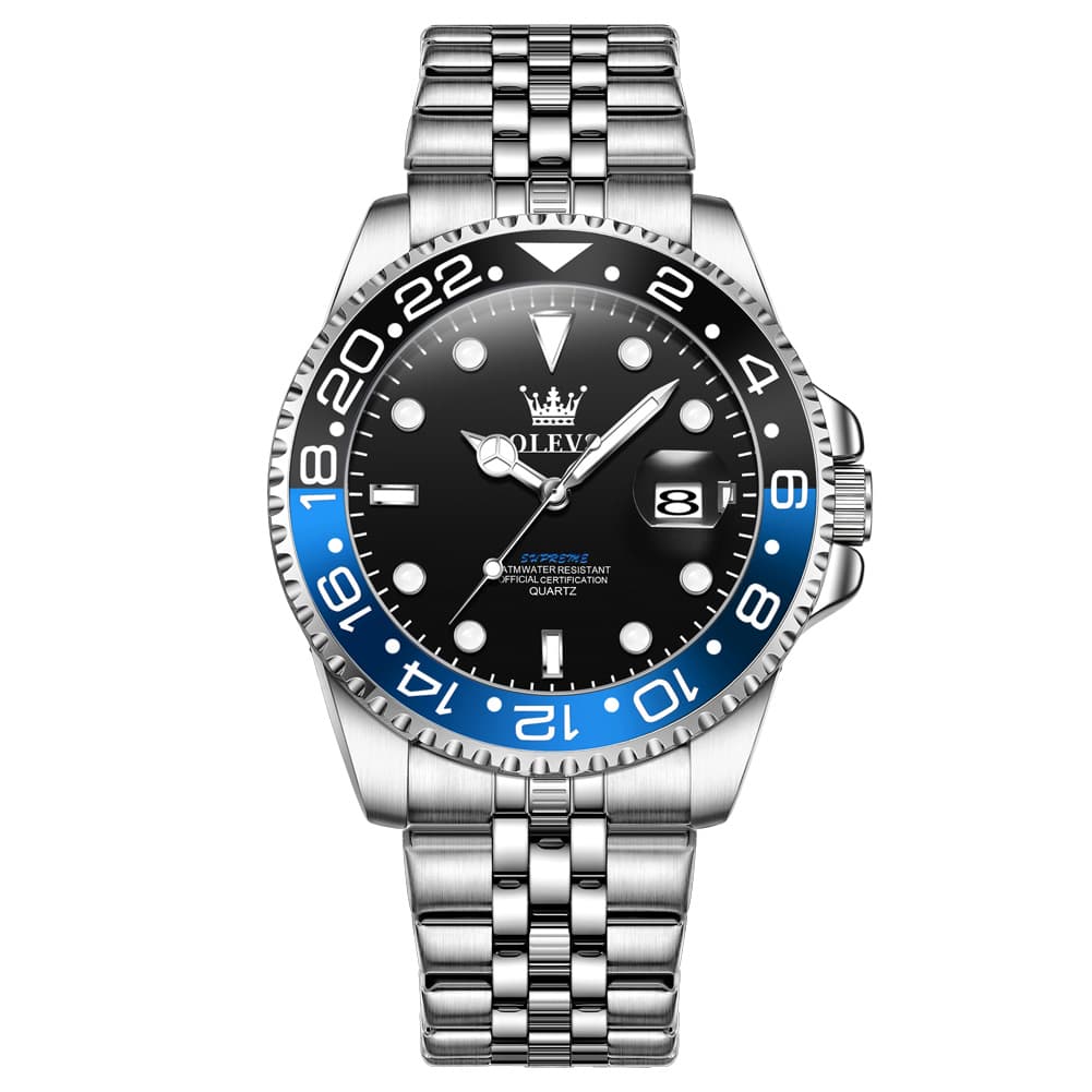 OLEVS 5657 Rotating Bezel Sports Watch Stainless Steel Jubilee Bracelet Quartz Timepiece for Men - All Black | Olevs Store