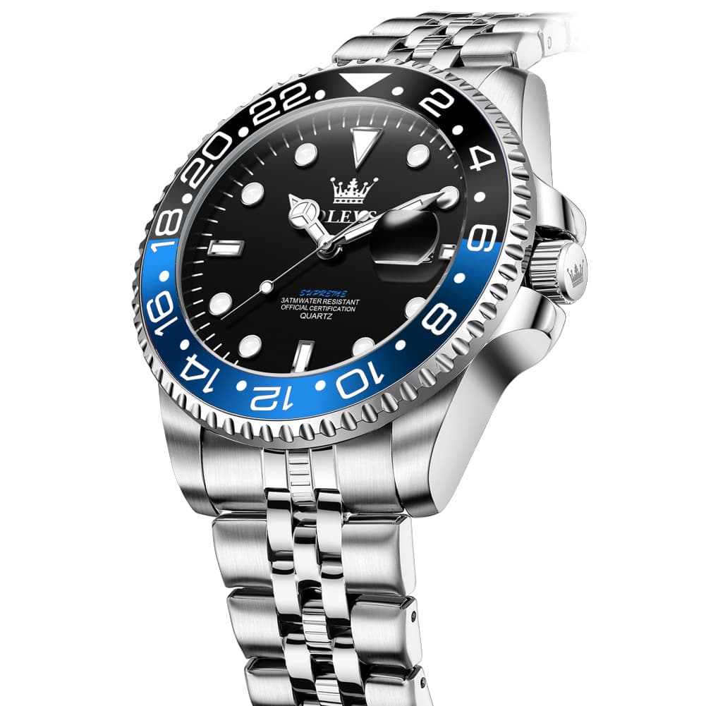 OLEVS 5657 Rotating Bezel Sports Watch Stainless Steel Jubilee Bracelet Quartz Timepiece for Men - All Black | Olevs Store