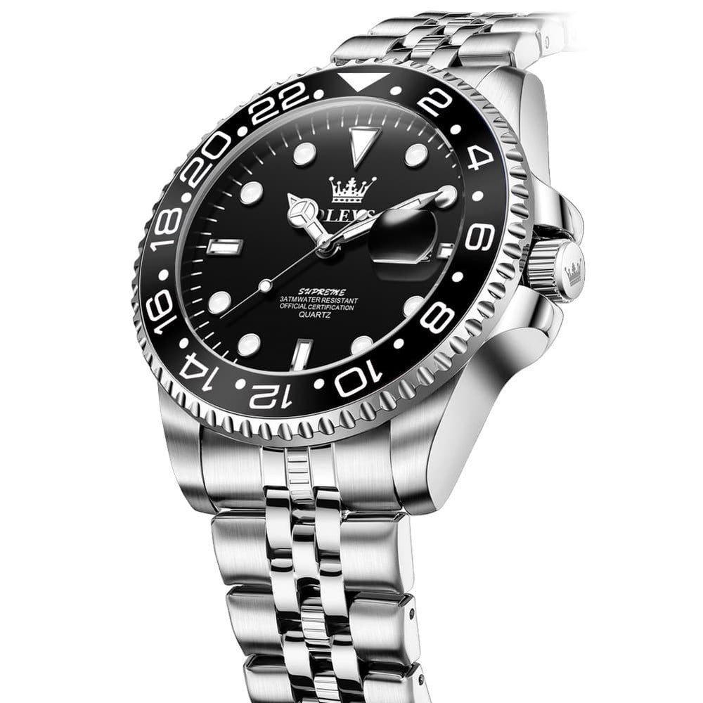 OLEVS 5657 Rotating Bezel Sports Watch Stainless Steel Jubilee Bracelet Quartz Timepiece for Men - All Black | Olevs Store