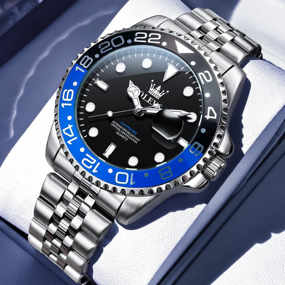 OLEVS 5657 Rotating Bezel Sports Watch Stainless Steel Jubilee Bracelet Quartz Timepiece for Men - Black Blue | Olevs Store