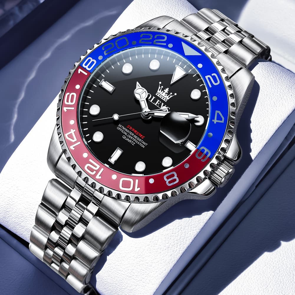 OLEVS 5657 Rotating Bezel Sports Watch Stainless Steel Jubilee Bracelet Quartz Timepiece for Men - Red Blue | Olevs Store