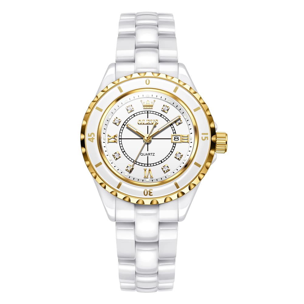 OLEVS 5658 White Ceramic Watch Diamond Accent Quartz Butterfly Clasp Luxury Timepiece for Women - Olevs Watch Store
