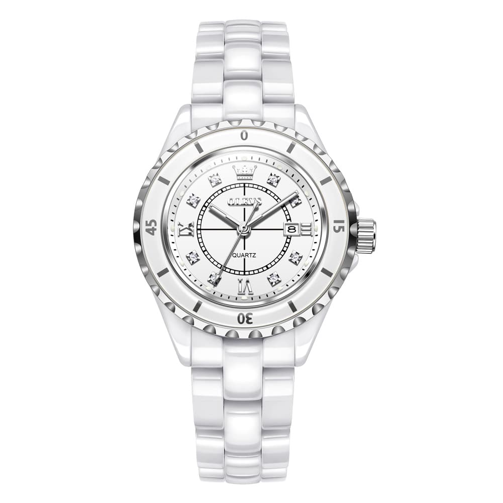 OLEVS 5658 White Ceramic Watch Diamond Accent Quartz Butterfly Clasp Luxury Timepiece for Women - Olevs Watch Store