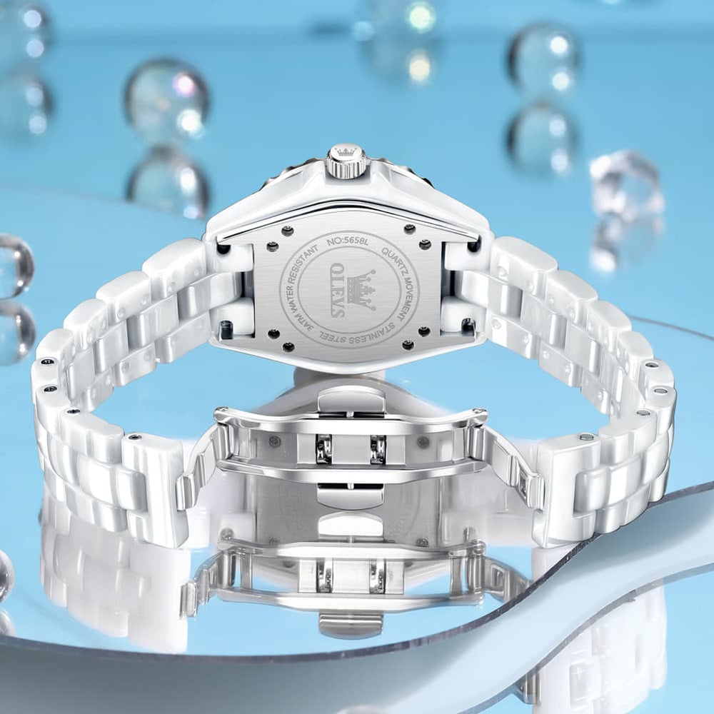 OLEVS 5658 White Ceramic Watch Diamond Accent Quartz Butterfly Clasp Luxury Timepiece for Women - Olevs Watch Store