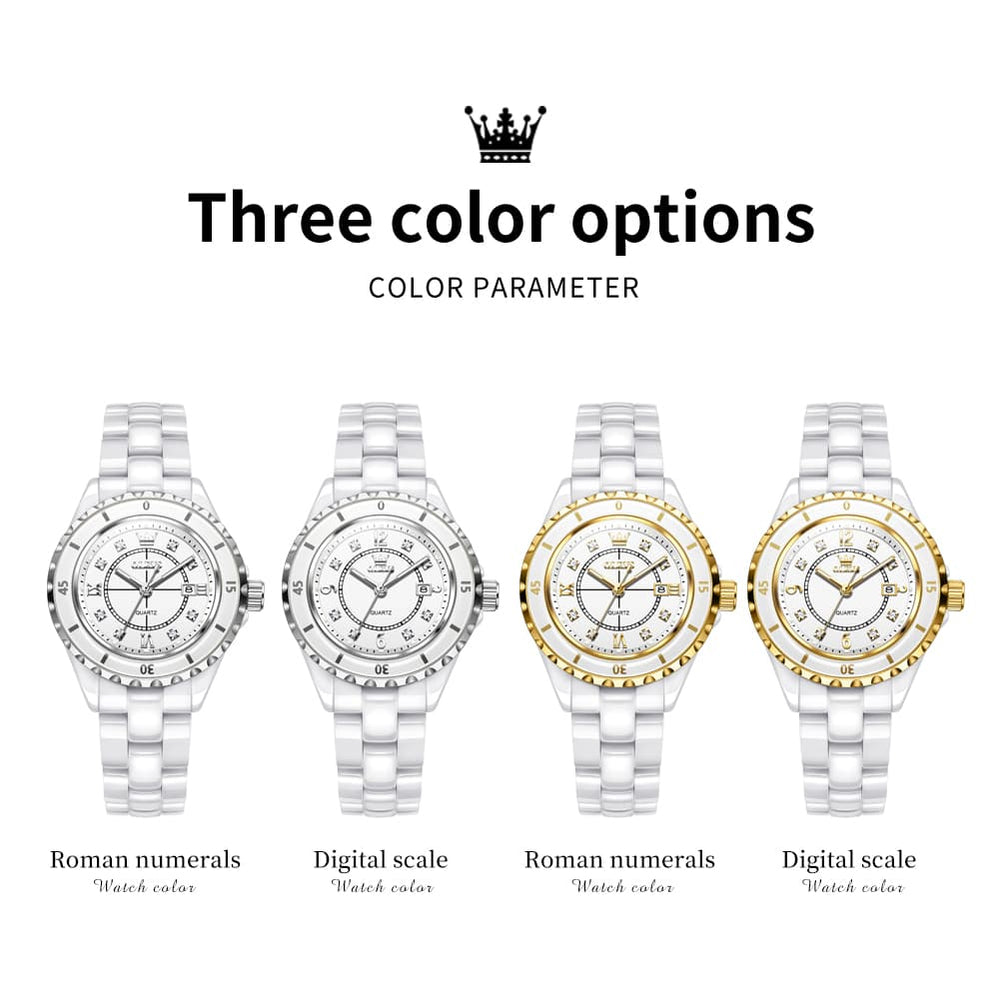 OLEVS 5658 White Ceramic Watch Diamond Accent Quartz Butterfly Clasp Luxury Timepiece for Women - Olevs Watch Store