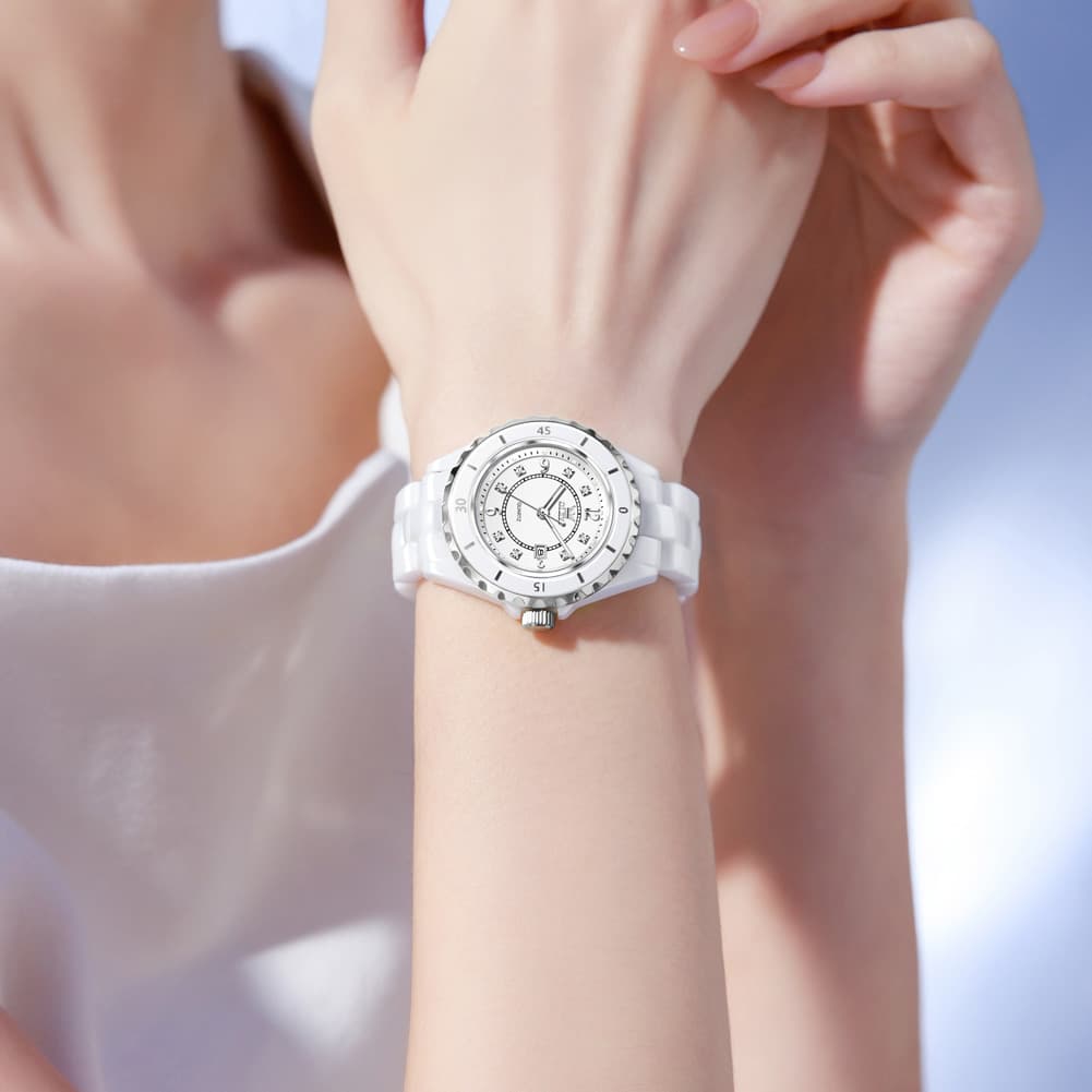 OLEVS 5658 White Ceramic Watch Diamond Accent Quartz Butterfly Clasp Luxury Timepiece for Women - Olevs Watch Store