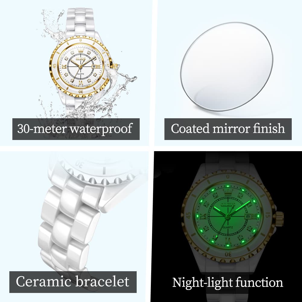 OLEVS 5658 White Ceramic Watch Diamond Accent Quartz Butterfly Clasp Luxury Timepiece for Women - Olevs Watch Store