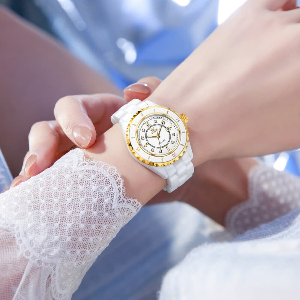 OLEVS 5658 White Ceramic Watch Diamond Accent Quartz Butterfly Clasp Luxury Timepiece for Women - Olevs Watch Store