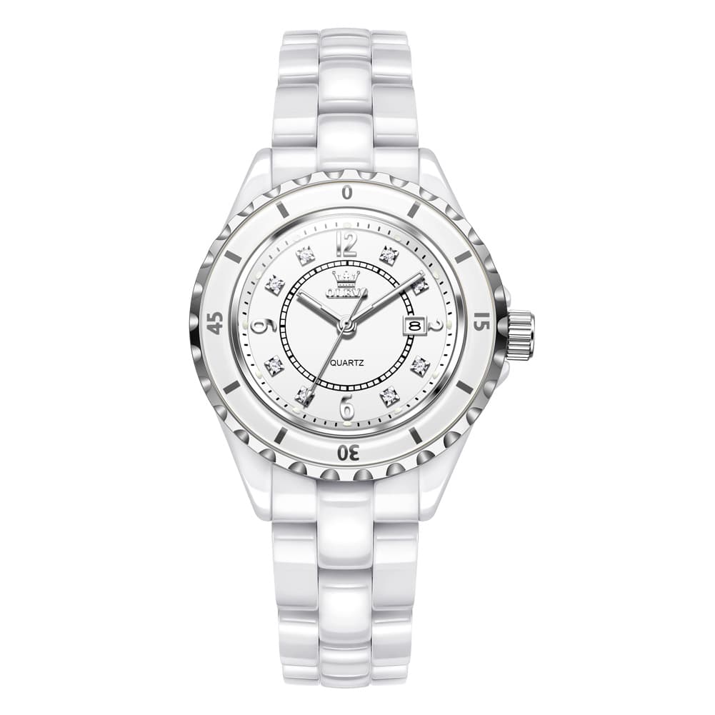 OLEVS 5658 White Ceramic Watch Diamond Accent Quartz Butterfly Clasp Luxury Timepiece for Women - Olevs Watch Store