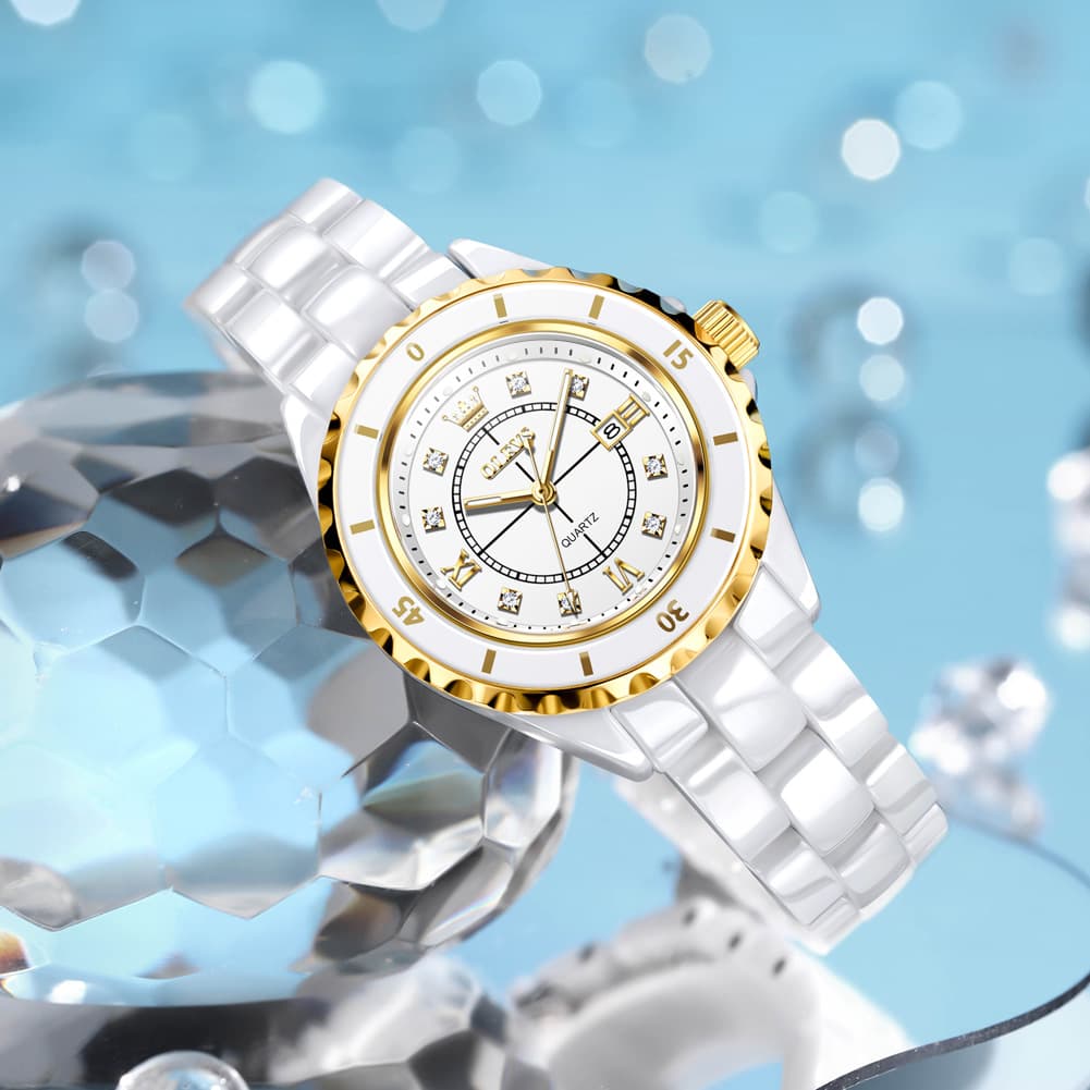 OLEVS 5658 White Ceramic Watch Diamond Accent Quartz Butterfly Clasp Luxury Timepiece for Women - Olevs Watch Store