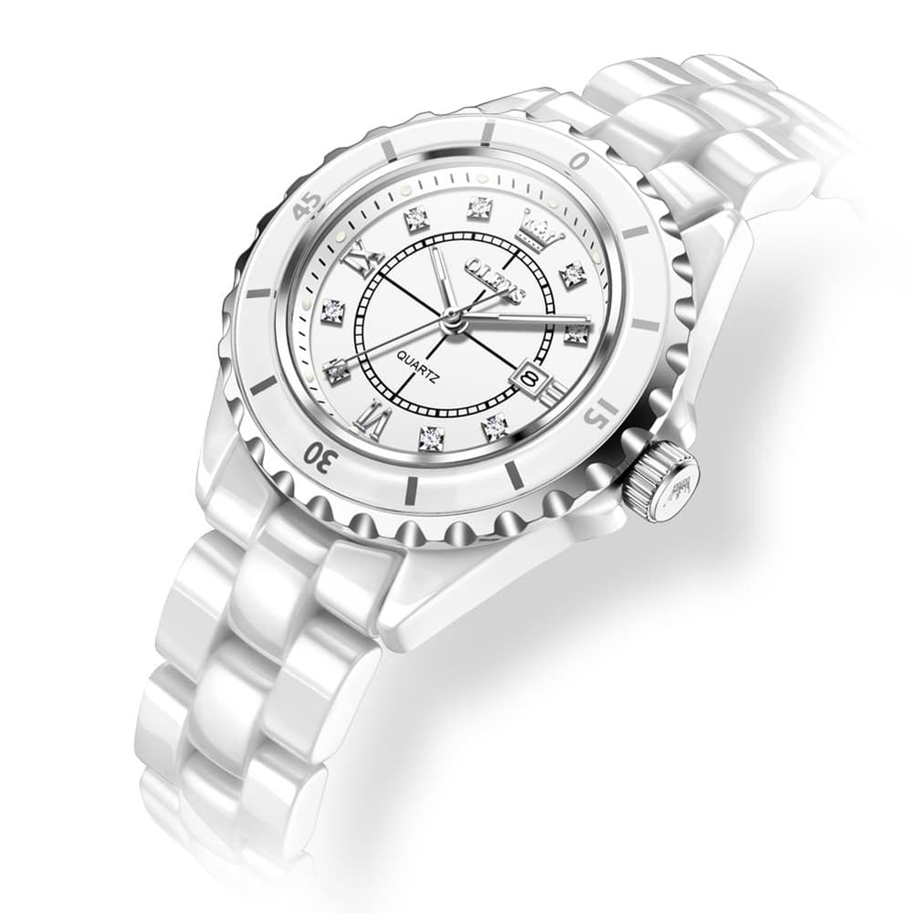 OLEVS 5658 White Ceramic Watch Diamond Accent Quartz Butterfly Clasp Luxury Timepiece for Women - Olevs Watch Store