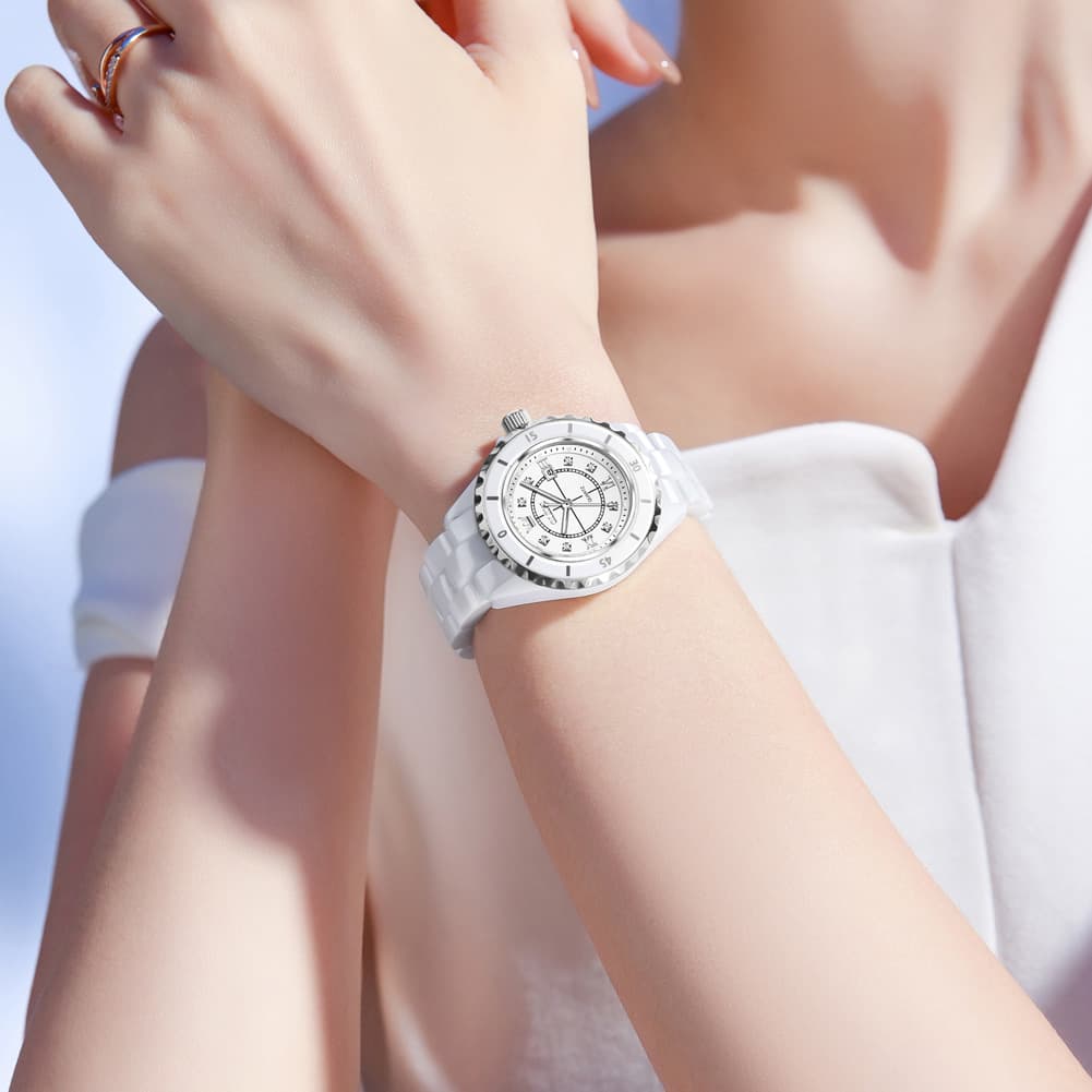 OLEVS 5658 White Ceramic Watch Diamond Accent Quartz Butterfly Clasp Luxury Timepiece for Women - Olevs Watch Store