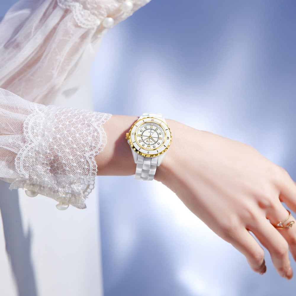 OLEVS 5658 White Ceramic Watch Diamond Accent Quartz Butterfly Clasp Luxury Timepiece for Women - Olevs Watch Store