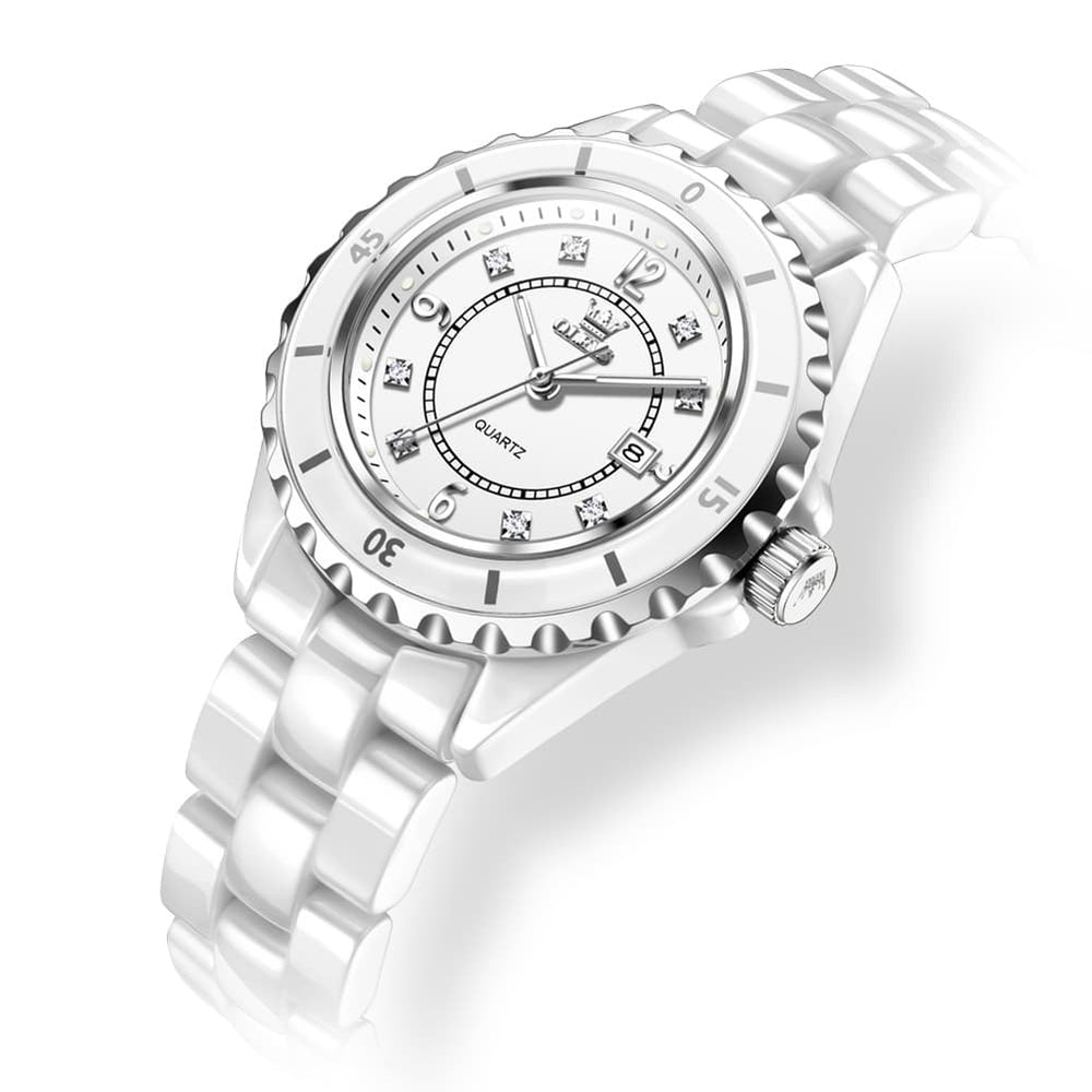 OLEVS 5658 White Ceramic Watch Diamond Accent Quartz Butterfly Clasp Luxury Timepiece for Women - Olevs Watch Store