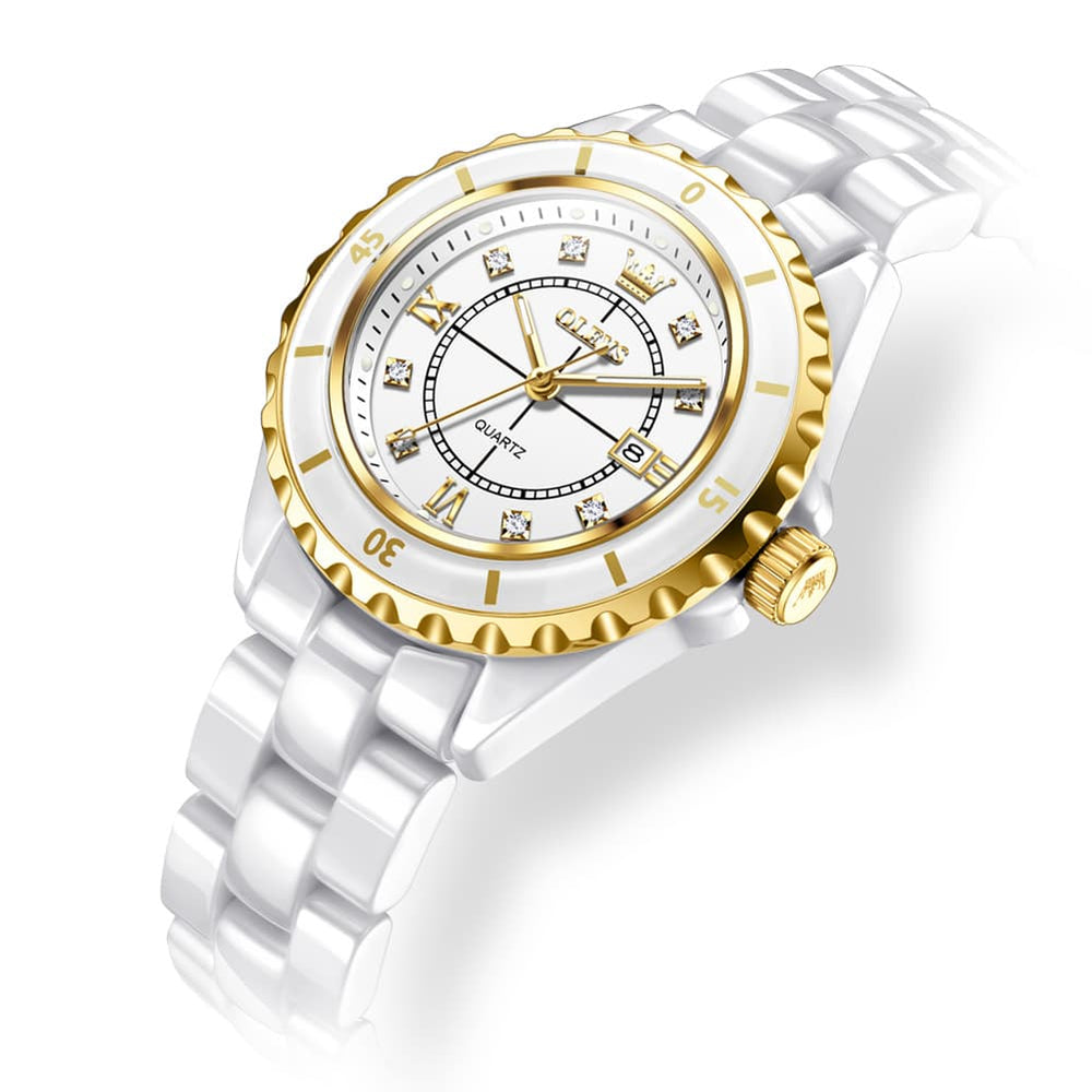 OLEVS 5658 White Ceramic Watch Diamond Accent Quartz Butterfly Clasp Luxury Timepiece for Women - Olevs Watch Store
