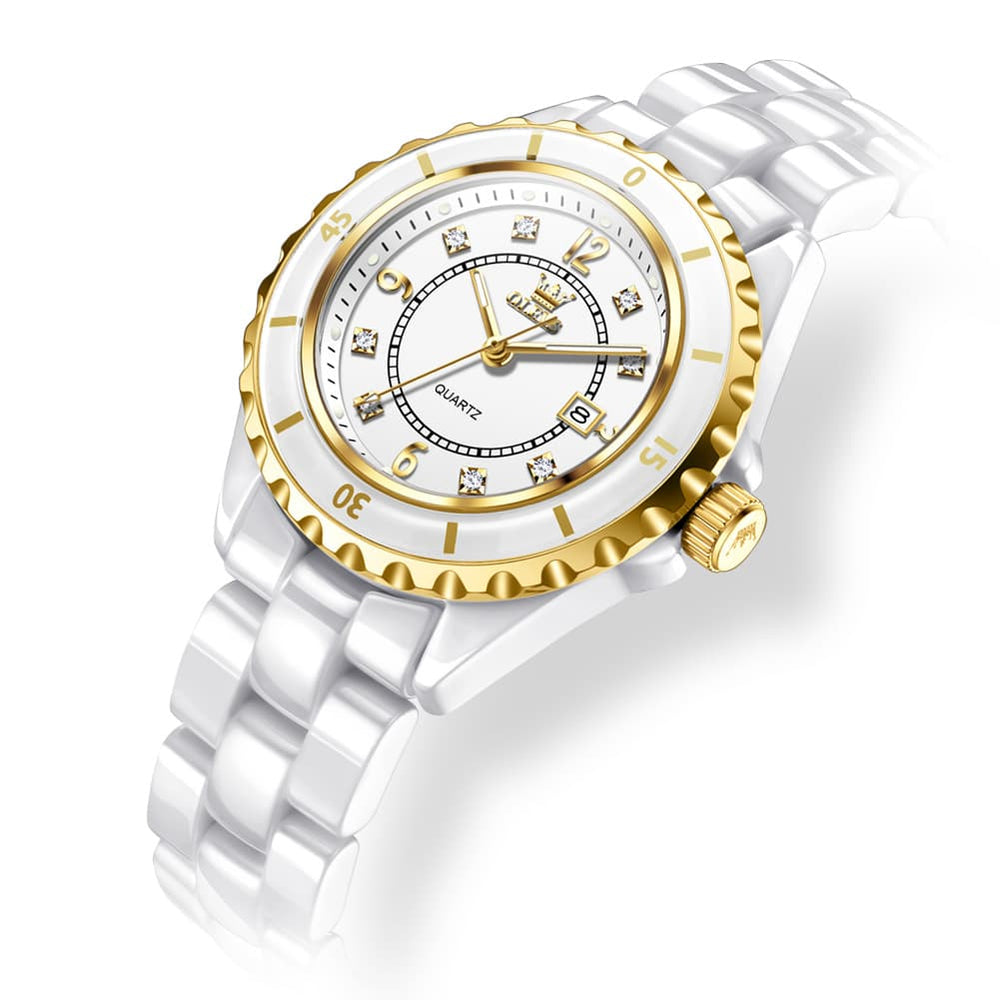 OLEVS 5658 White Ceramic Watch Diamond Accent Quartz Butterfly Clasp Luxury Timepiece for Women - Olevs Watch Store
