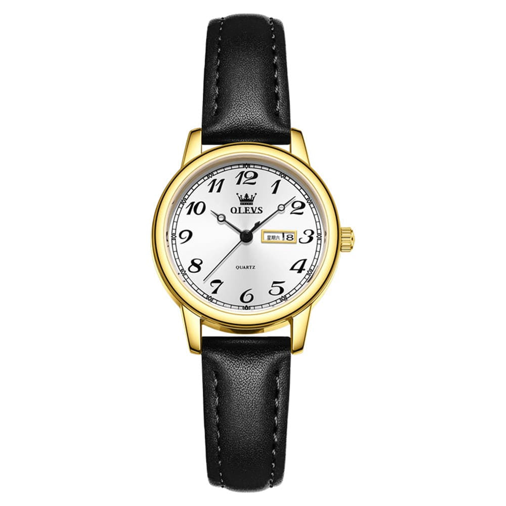 OLEVS 5662 Petite Vintage Quartz Watch Day Date Leather Strap Elegant Dress Timepiece for Women - Olevs Watch Store