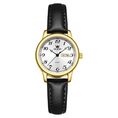 OLEVS 5662 Petite Vintage Quartz Watch Day Date Leather Strap Elegant Dress Timepiece for Women - Olevs Watch Store