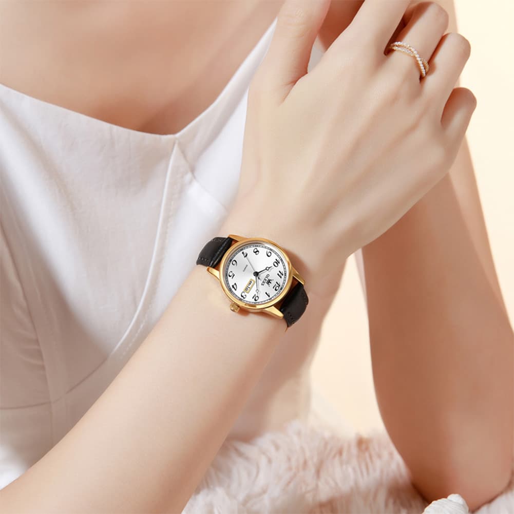 OLEVS 5662 Petite Vintage Quartz Watch Day Date Leather Strap Elegant Dress Timepiece for Women - Olevs Watch Store