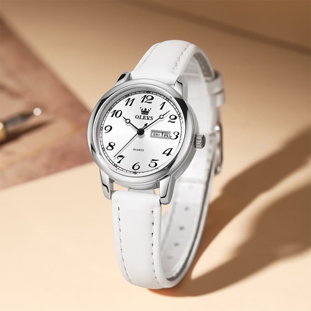 OLEVS 5662 Petite Vintage Quartz Watch Day Date Leather Strap Elegant Dress Timepiece for Women - Olevs Watch Store