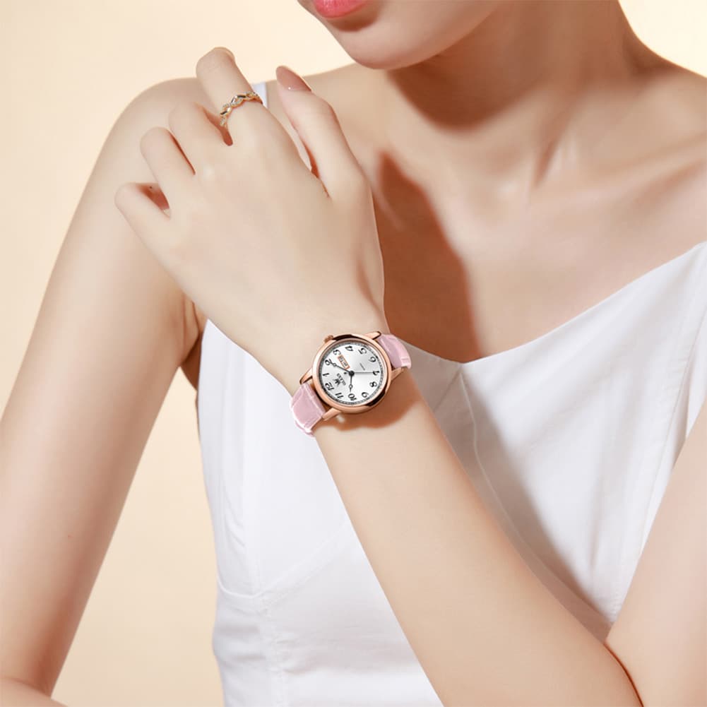 OLEVS 5662 Petite Vintage Quartz Watch Day Date Leather Strap Elegant Dress Timepiece for Women - Olevs Watch Store