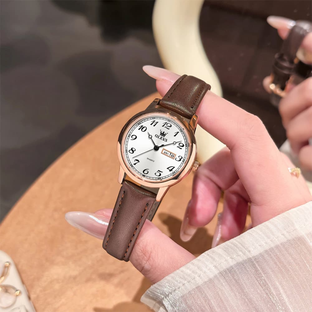 OLEVS 5662 Petite Vintage Quartz Watch Day Date Leather Strap Elegant Dress Timepiece for Women - Olevs Watch Store