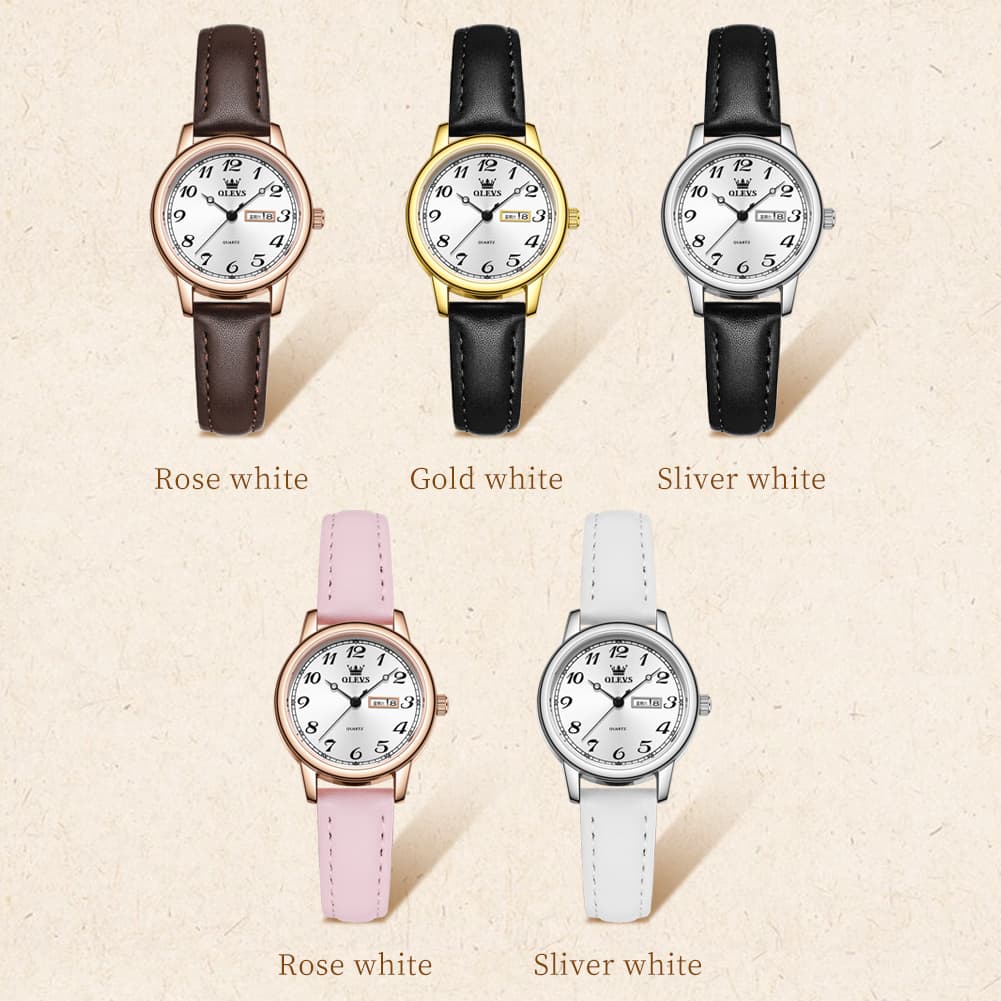 OLEVS 5662 Petite Vintage Quartz Watch Day Date Leather Strap Elegant Dress Timepiece for Women - Olevs Watch Store