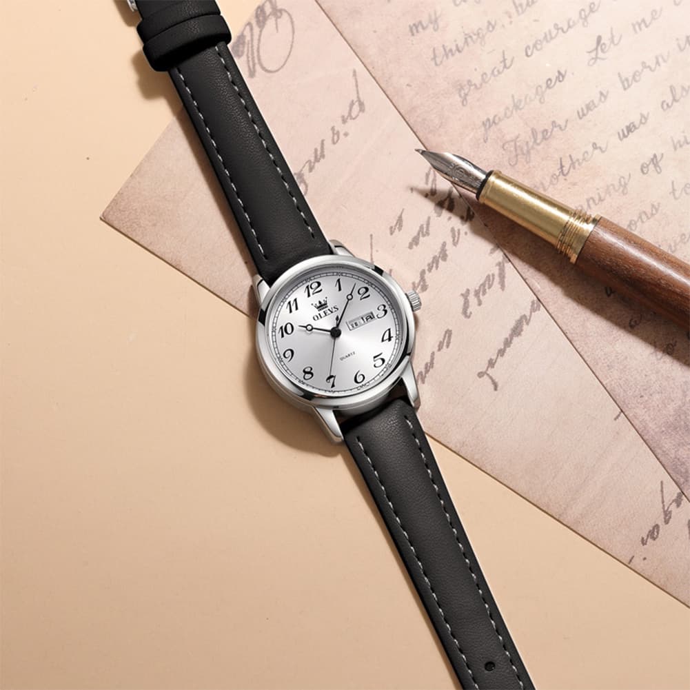 OLEVS 5662 Petite Vintage Quartz Watch Day Date Leather Strap Elegant Dress Timepiece for Women - Olevs Watch Store