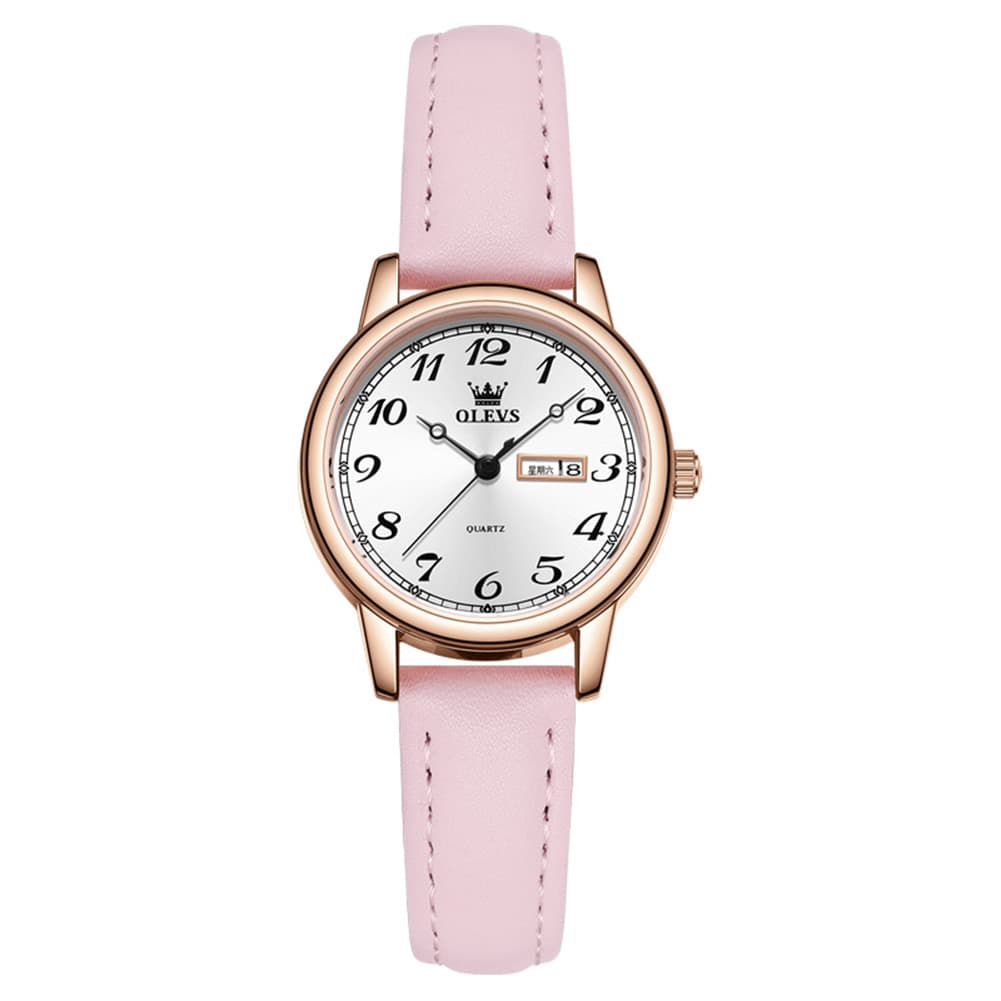 OLEVS 5662 Petite Vintage Quartz Watch Day Date Leather Strap Elegant Dress Timepiece for Women - Olevs Watch Store
