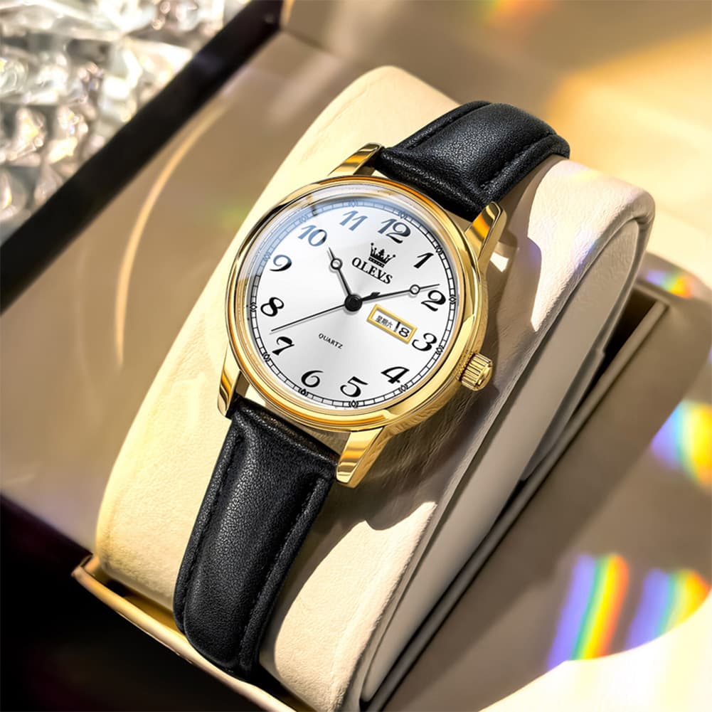 OLEVS 5662 Petite Vintage Quartz Watch Day Date Leather Strap Elegant Dress Timepiece for Women - Olevs Watch Store