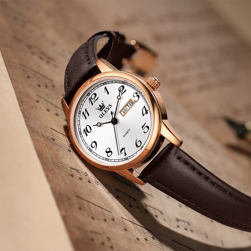 OLEVS 5662 Petite Vintage Quartz Watch Day Date Leather Strap Elegant Dress Timepiece for Women - Olevs Watch Store