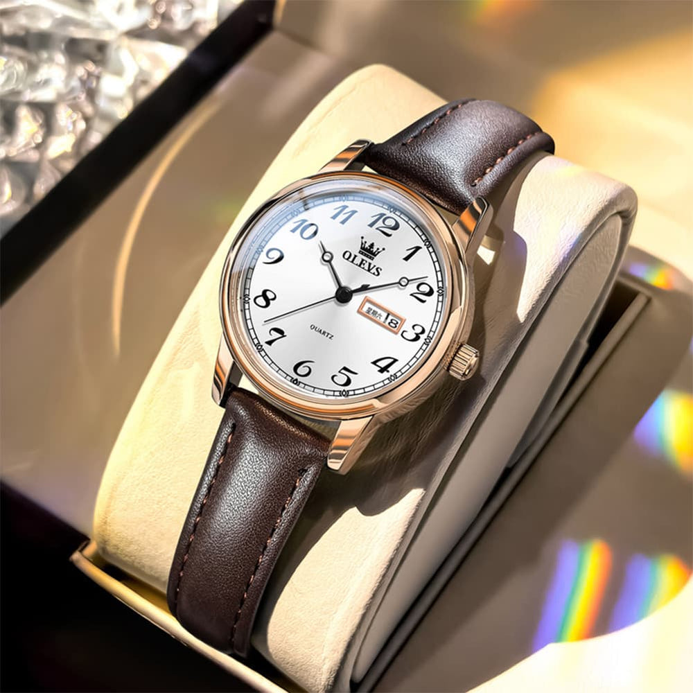 OLEVS 5662 Petite Vintage Quartz Watch Day Date Leather Strap Elegant Dress Timepiece for Women - Olevs Watch Store