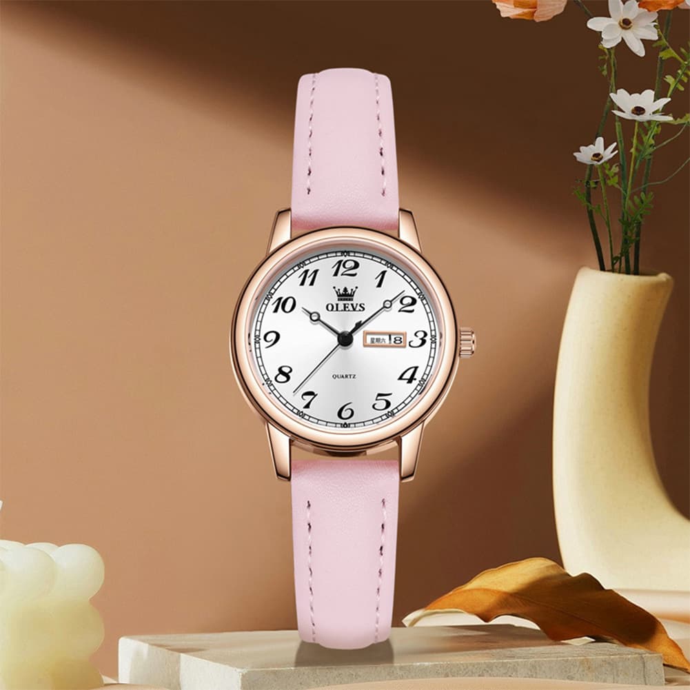 OLEVS 5662 Petite Vintage Quartz Watch Day Date Leather Strap Elegant Dress Timepiece for Women - Olevs Watch Store