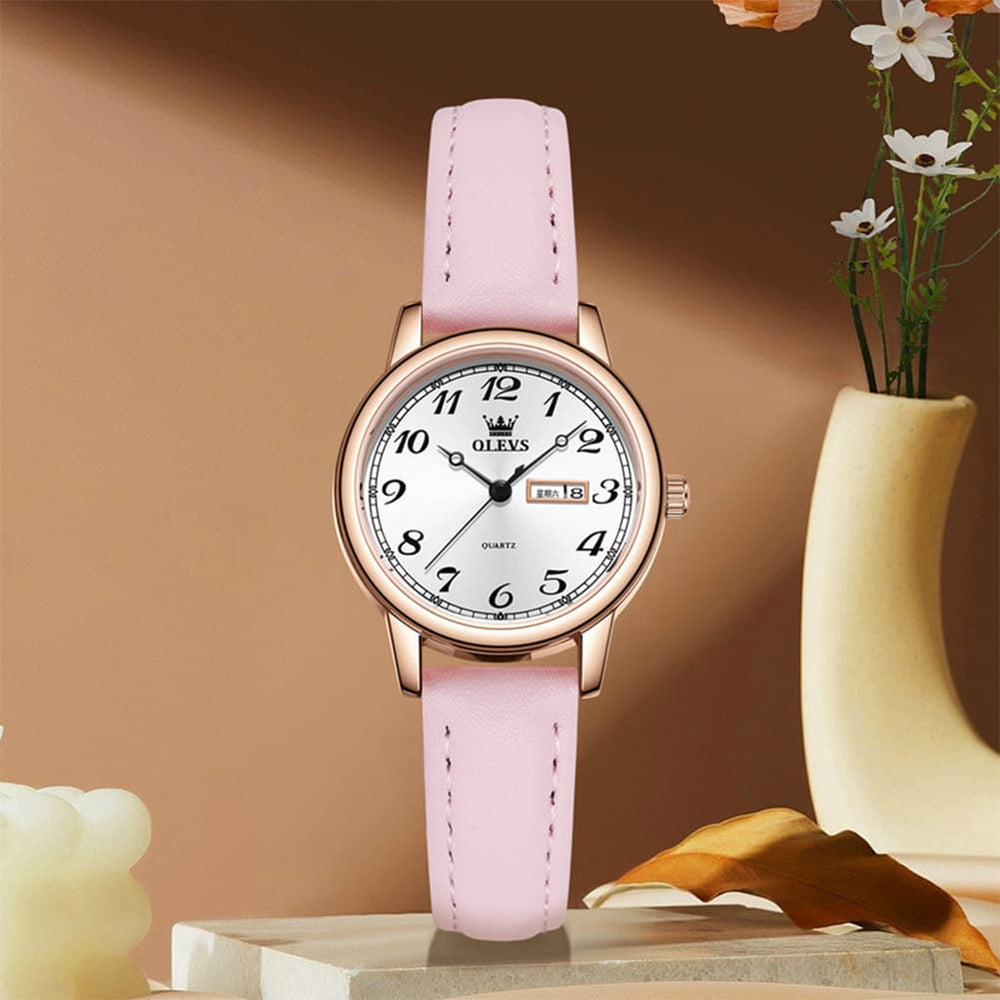 OLEVS 5662 Petite Vintage Quartz Watch Day Date Leather Strap Elegant Dress Timepiece for Women - Olevs Watch Store