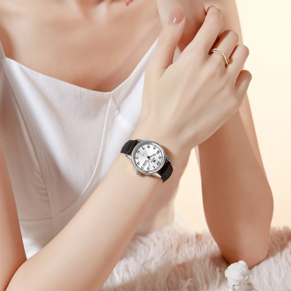 OLEVS 5662 Petite Vintage Quartz Watch Day Date Leather Strap Elegant Dress Timepiece for Women - Olevs Watch Store