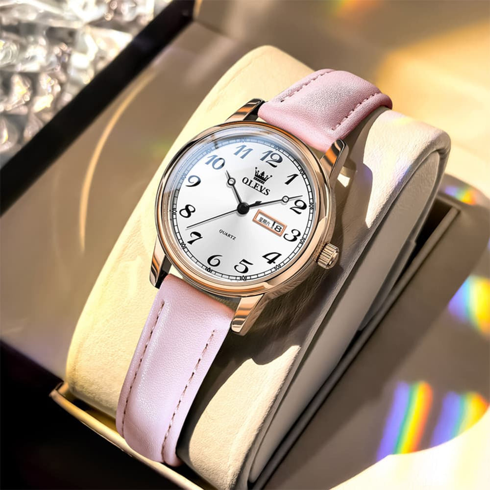 OLEVS 5662 Petite Vintage Quartz Watch Day Date Leather Strap Elegant Dress Timepiece for Women - Olevs Watch Store