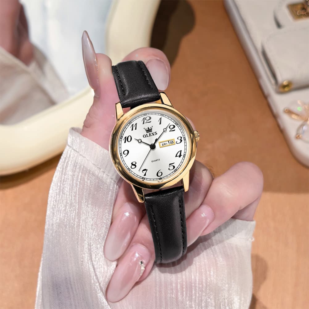 OLEVS 5662 Petite Vintage Quartz Watch Day Date Leather Strap Elegant Dress Timepiece for Women - Olevs Watch Store