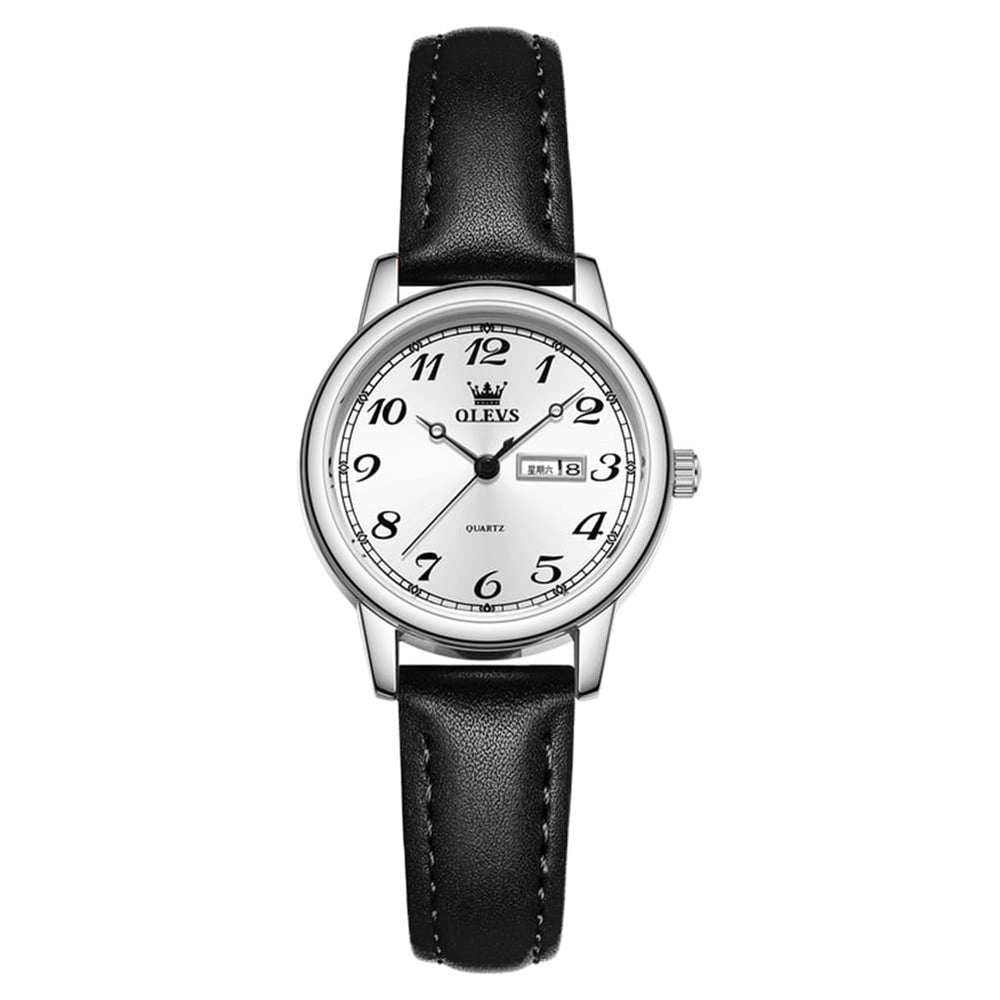 OLEVS 5662 Petite Vintage Quartz Watch Day Date Leather Strap Elegant Dress Timepiece for Women - Olevs Watch Store