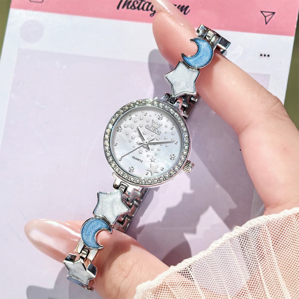 OLEVS 5665 Star Moon Bracelet Watch Mother of Pearl Starry Dial Quartz Jewelry Timepiece for Women - Olevs Watch Store
