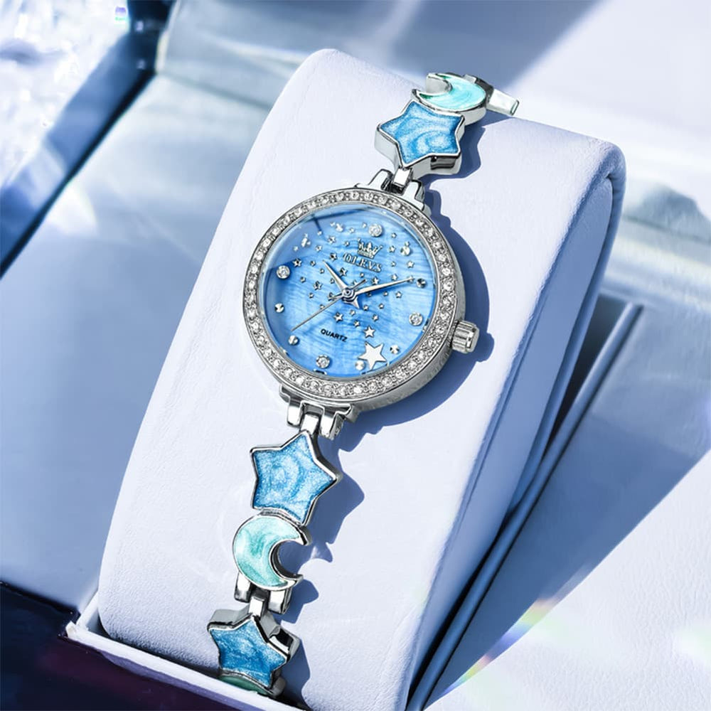 OLEVS 5665 Star Moon Bracelet Watch Mother of Pearl Starry Dial Quartz Jewelry Timepiece for Women - Olevs Watch Store