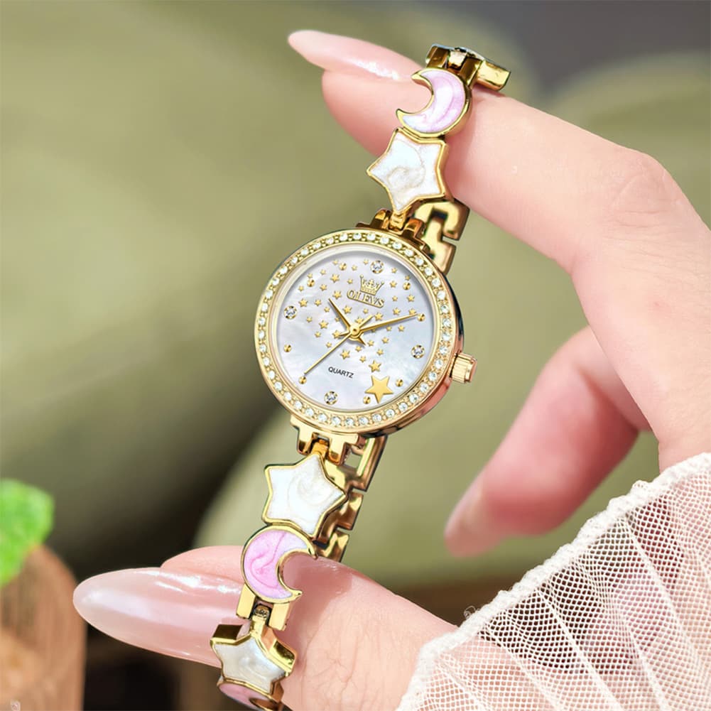 OLEVS 5665 Star Moon Bracelet Watch Mother of Pearl Starry Dial Quartz Jewelry Timepiece for Women - Olevs Watch Store