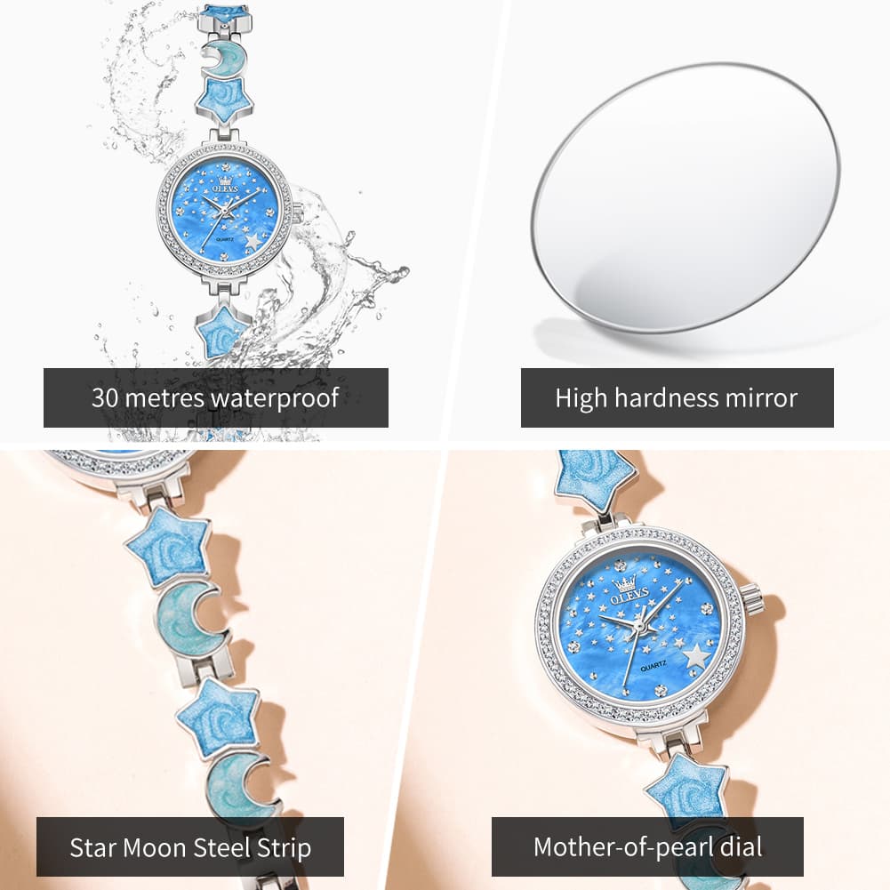 OLEVS 5665 Star Moon Bracelet Watch Mother of Pearl Starry Dial Quartz Jewelry Timepiece for Women - Olevs Watch Store