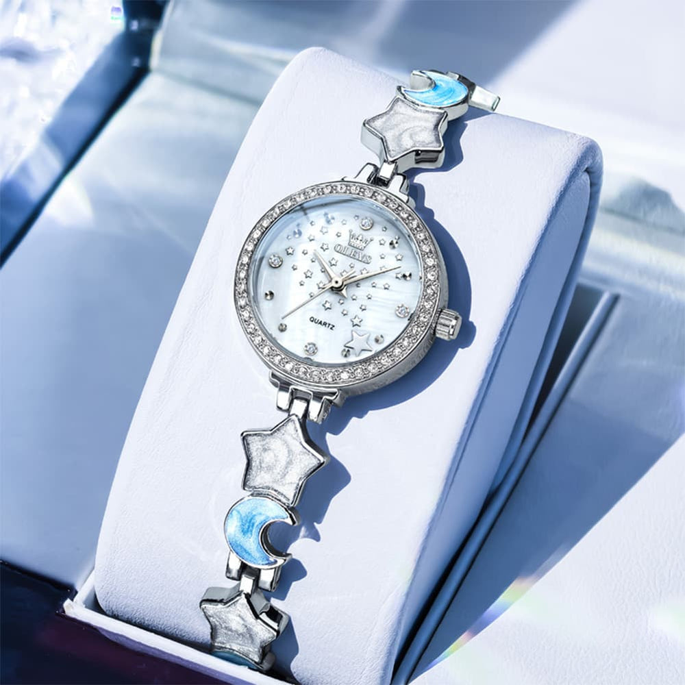 OLEVS 5665 Star Moon Bracelet Watch Mother of Pearl Starry Dial Quartz Jewelry Timepiece for Women - Olevs Watch Store