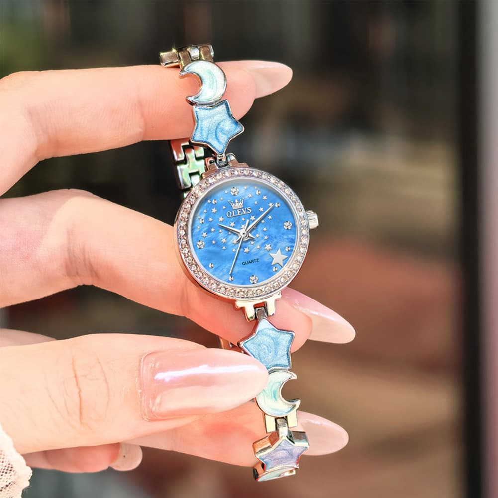 OLEVS 5665 Star Moon Bracelet Watch Mother of Pearl Starry Dial Quartz Jewelry Timepiece for Women - Olevs Watch Store