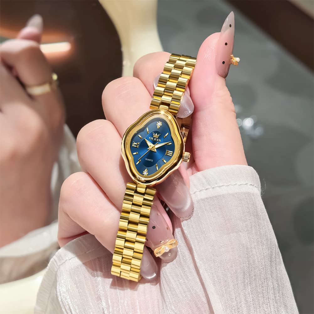 OLEVS 5666 Petal Case Vintage Dress Watch Gold Bracelet Quartz Jewelry Timepiece for Women - Gold Black | Olevs Watch Store