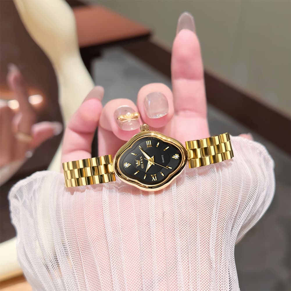 OLEVS 5666 Petal Case Vintage Dress Watch Gold Bracelet Quartz Jewelry Timepiece for Women - Gold Black | Olevs Watch Store